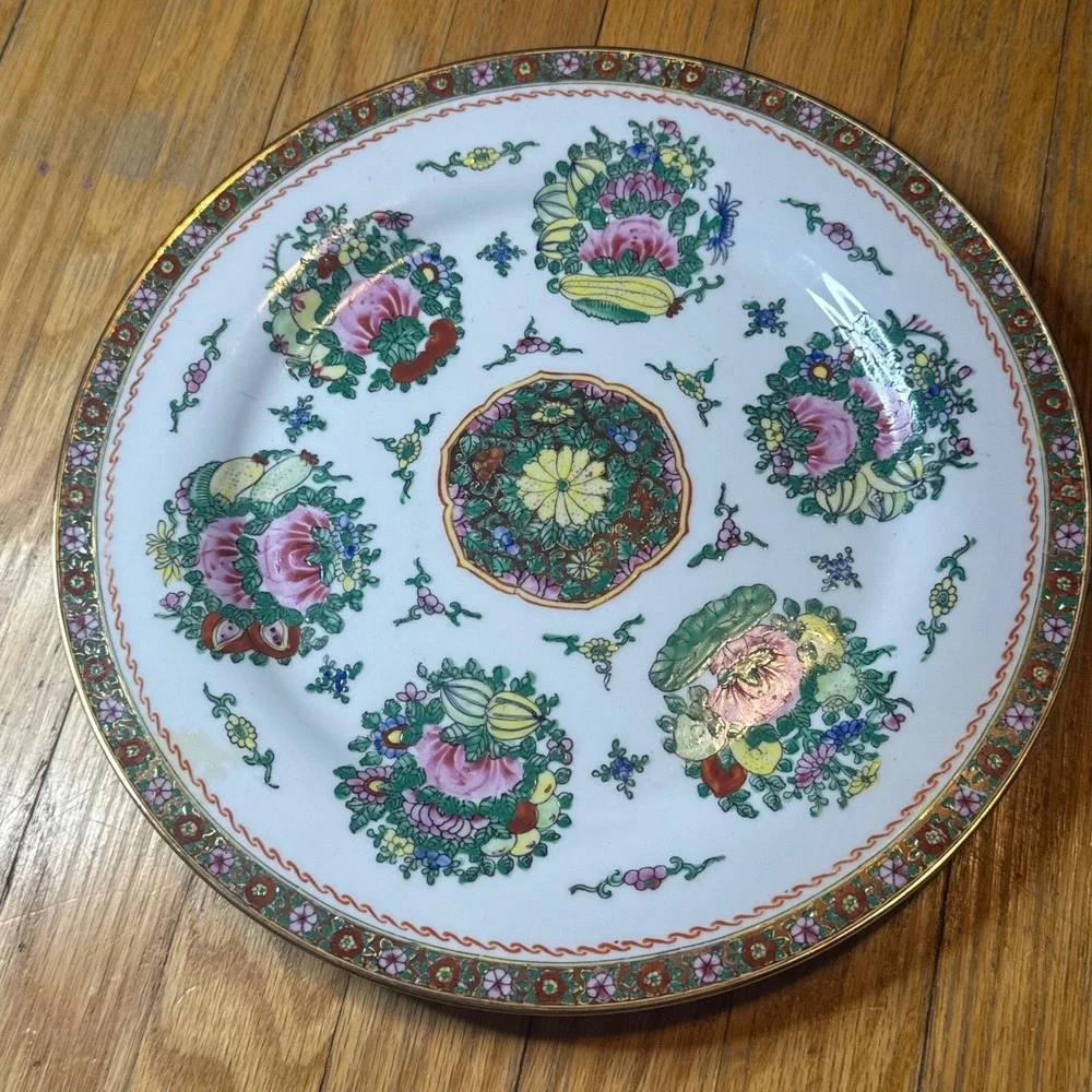 Vintage Hand Painted Chinese Famille Rose Porcelain Plate Gold Rim Floral 10in - Picture 6 of 8